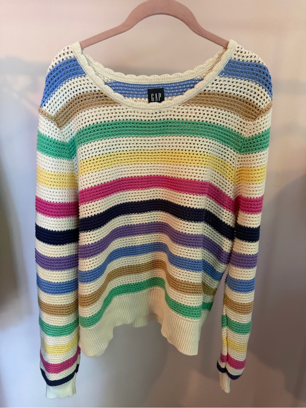 GAP Cream Open-Knit Sweater with Multicolor Stripes - XXL